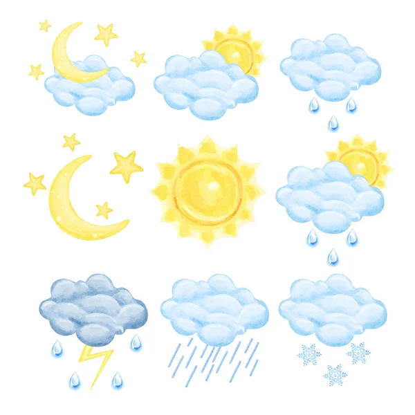 Conjunto Ilustrações Símbolos Meteorológicos Aquarela — Fotografia de Stock