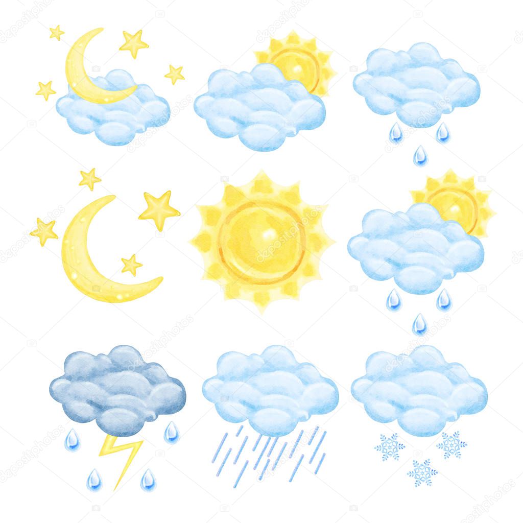 Watercolor Weather Symbols Illustration Set