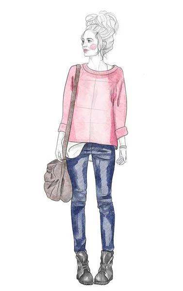 Fashion Girl Sketch Illustration — Stock Photo, Image