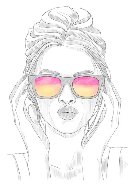 Muchacha Moda Con Gafas Sketch Ilustración — Foto de Stock