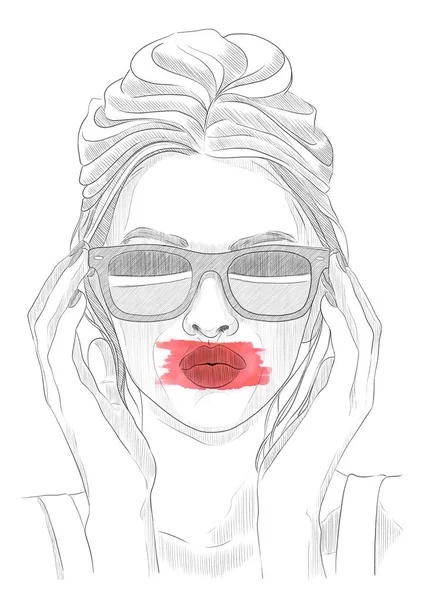 Mode Flicka Med Glasögon Skiss Illustration — Stockfoto