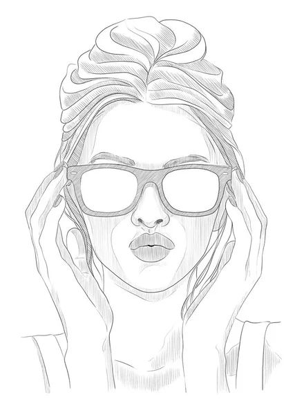 Muchacha Moda Con Gafas Sketch Ilustración — Foto de Stock