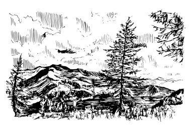 Alpler Dağ Görünümü Siyah Mürekkep Vektör Çizimi