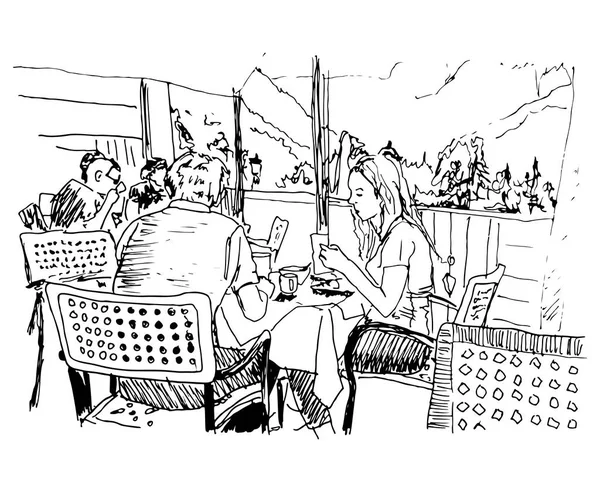 Ludzie siedzący w kawiarni czarny atrament wektor ilustracja — Wektor stockowy