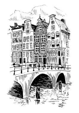 Amsterdam'da Mimari Evler Çizim İllüstrasyon