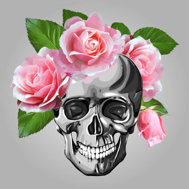 Pembe Güller Vektör İllüstrasyon ile İnsan Kafatası