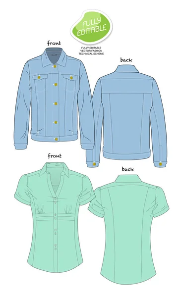 Джинсовая куртка с коротким рукавом рубашка вектор редактируемый моды Sch — стоковый вектор