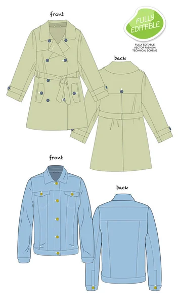 Тренч пальто и джинсовый пиджак Мода Подробный вектор редактируемый Sc — стоковый вектор