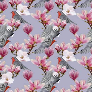 Manolya Çiçekler vektör el Dikişsiz Çizilmiş ile Avrupa Robin 