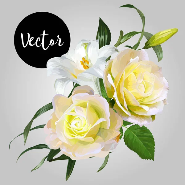 Vit Lilja med gul ros vektor blommor komposition Illustrat — Stock vektor