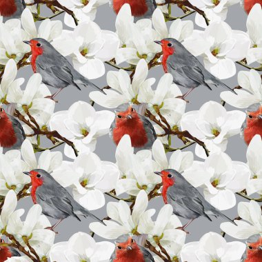 Manolya Çiçekler vektör el Dikişsiz Çizilmiş ile Avrupa Robin 