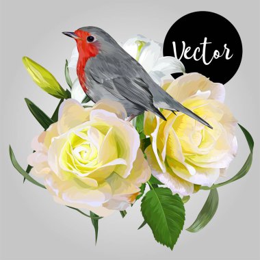 Güller Çiçekler Vektör El Çizilmiş Dikişsiz Pat ile Avrupa Robin