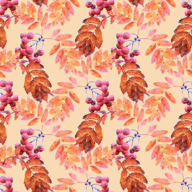 Rowan Yaprakları Ve Çilek Suluboya Dikişsiz Desen