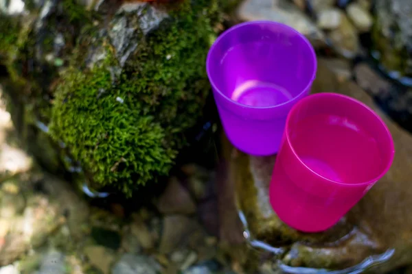 Két Színes Csésze Vízzel Tavaszán Nyár Természet Közelében — Stock Fotó