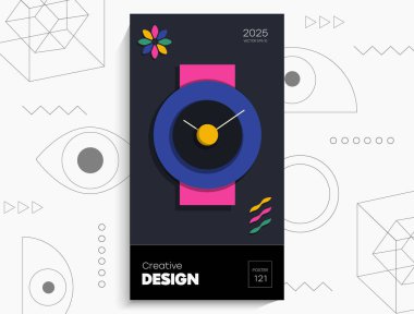 Soyut geometrik poster. Geometrik şekiller, parlak renkler, siyah arkaplandaki elementler. Kapak kartı, afiş, poster için yaratıcı parlak dijital vektör.