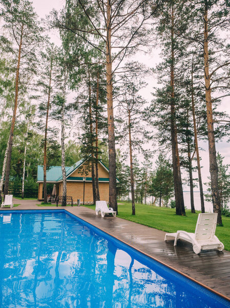 Swimming pool and sun beds in pine grove.