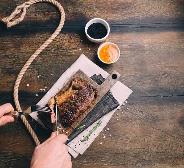 Ribeye Stake Spices Wooden Board — Stock Photo, Image