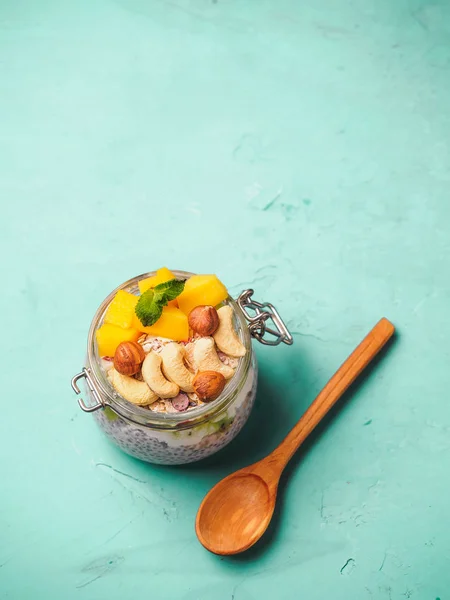 Chia zaad pudding in pot met kokosmelk, mango en noten — Stockfoto