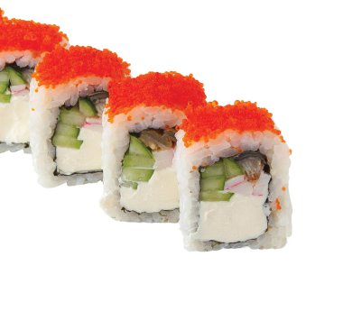 Pirinç balık peyniri ile Japon çiğ klasik suşi rulo. Izole