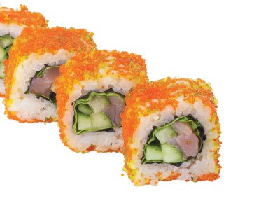 Pirinç balık peyniri ile Japon çiğ klasik suşi rulo. Izole