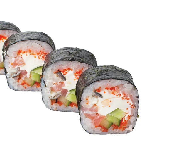 Japán nyers klasszikus sushi tekercs rizzsel hal sajttal. Elszigetelt — Stock Fotó