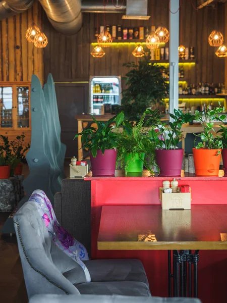 Restaurant interior with tables, chairs and lights — Stock Photo, Image