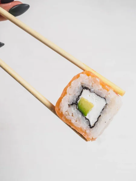 Roll Salmon Avocado Cheese Wooden Chopsticks — Stock Photo, Image
