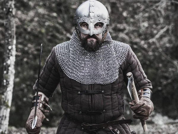 Viking with axe and sword ready to battle