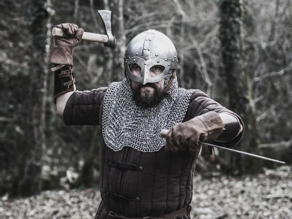Viking med yxa och svärd redo till strid — Stockfoto