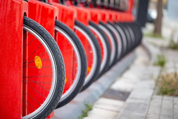 Bicycle rental station on city street. Public parking transportation — Stock Photo, Image