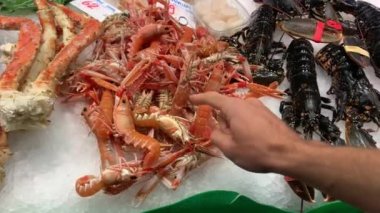 Barselona 'nın en popüler pazarında taze deniz ürünleri büyük bir durak. Mercat de La Boqueria, Barselona 