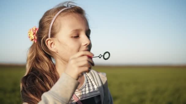 Schattig klein meisje blaast zeepbellen in de weide op een zonnige dag. Slow-Motion. Gelukkige jeugd. Onscherpe achtergrond — Stockvideo