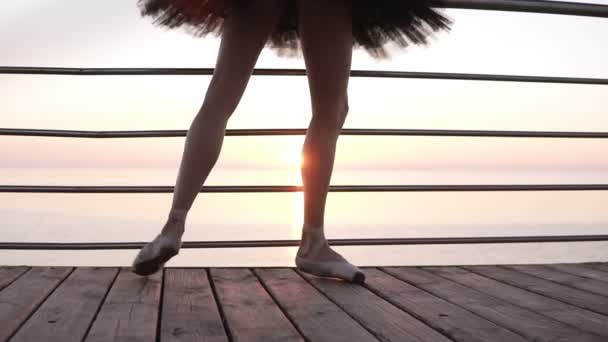 Närbild på en vacker ballerinor ben. En flicka sträcker sina benmuskler, böja fötterna. I pointe skor. Morgon vid havet — Stockvideo