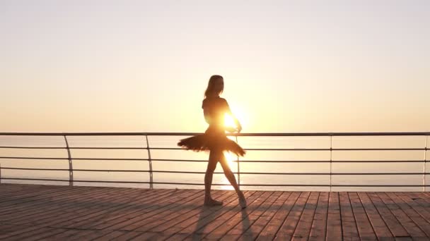 Attractive ballerina practices in stretching. Doing classic ballet moves. Long haired young girl in dark tutu. Embankment near the sea or ocean. Sun shines. Slow motion — Stock Video