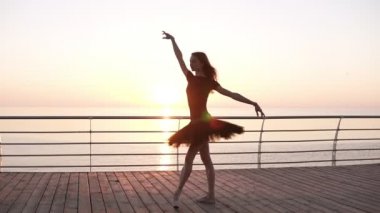 Genç çarpıcı Balerin Bale pas yapıyor bir ahşap sahil üzerinde. Sabah. Kız giyiyor karanlık tutu. Ağır çekim