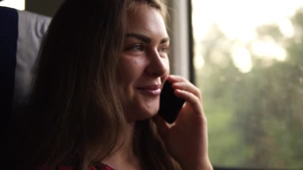 Chica joven de cabello castaño viaja en tren moderno. Junto a la ventana. Habla por teléfono móvil. Sonriendo. Durante el día — Vídeos de Stock