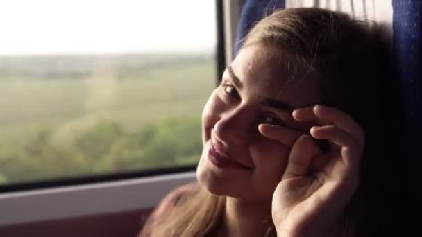 Atractiva, la joven está sonriendo a la cámara. Viajando en tren. Naturaleza verde fuera de la ventana. La chica mira pensativamente por la ventana. De cerca. — Vídeos de Stock