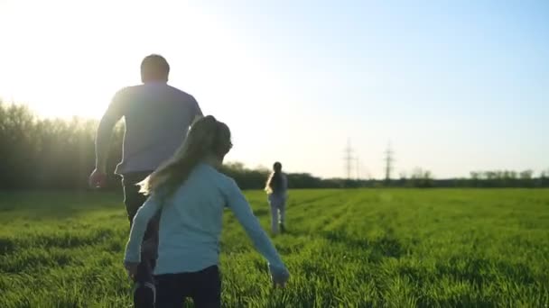 快乐的育儿。父亲正花时间和两个孩子在一起。女孩们和他爸爸一起在草地上奔跑。触摸和运行游戏。笑。晴天 — 图库视频影像