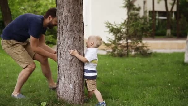 Little boy having fun with his father in a green park. Playing seek and hide. Cute, funny child hiding behind the tree and father catched him. Summer time. Slow motion Stock Video