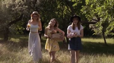 Güzel kızlar arkadaş piknik açık yapma. Mutlu yüzler, gülümseyen. Holding bir şeyler fro piknik ellerinde. Önden görünüm