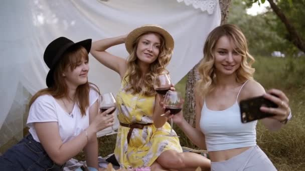 Tres hermosas y modernas mujeres sentadas en una hierba con copas de vino tinto. Una chica rubia tomando una selfie con sus amigas. Picnic al aire libre. Fiesta de gallinas — Vídeos de Stock