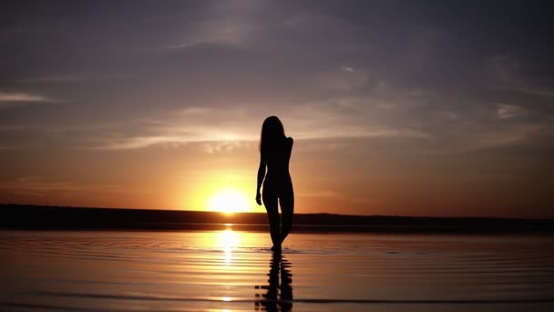 Sziluettjét egy karcsú lány séta a víz ne a foltok a felszínre. Hihetetlen naplemente, a háttérben — Stock videók
