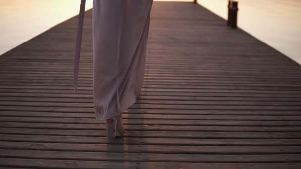 Alta, delgada modelo femenina caminando por el muelle de madera en el mar. Mujer caminando derecho en brillante, vestido de seda y tacones. Vista trasera. Seguimiento de imágenes — Vídeo de stock