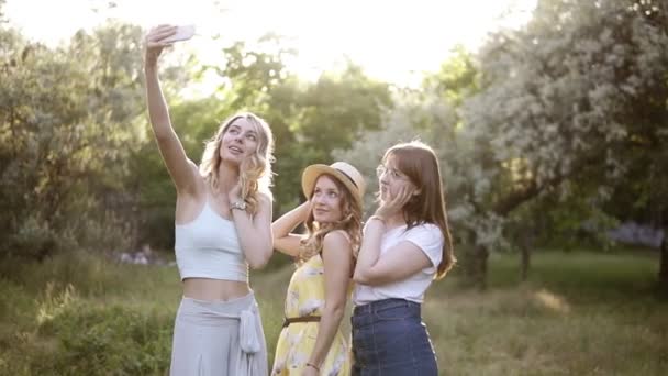 Vue de face de trois jeunes femmes faisant du selfie avec téléphone portable, posant. Les filles passent du temps dehors dans le jardin. Concept de fête de poule — Video