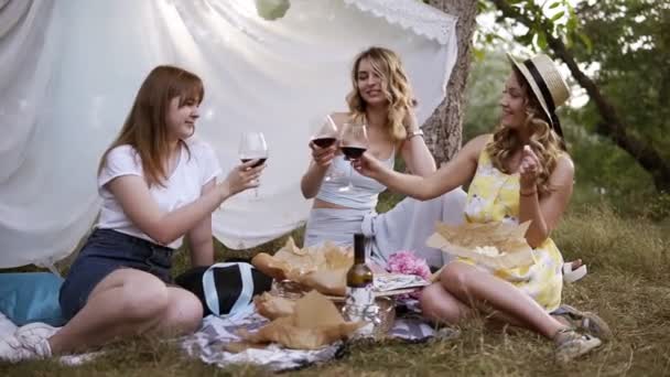 Fiesta de gallinas al aire libre. Tres mujeres guapas tienen un picnic, sentadas en el cuadros, bebiendo vino tinto. ¡Salud! Sábana blanca colgando de un árbol — Vídeos de Stock