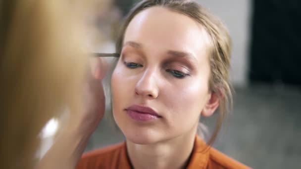 Overzicht van een make-up proces. Professionele make-up artiest naakt eyeshadows zachtjes zetten een ooglid. Aantrekkelijke jonge blonde model — Stockvideo