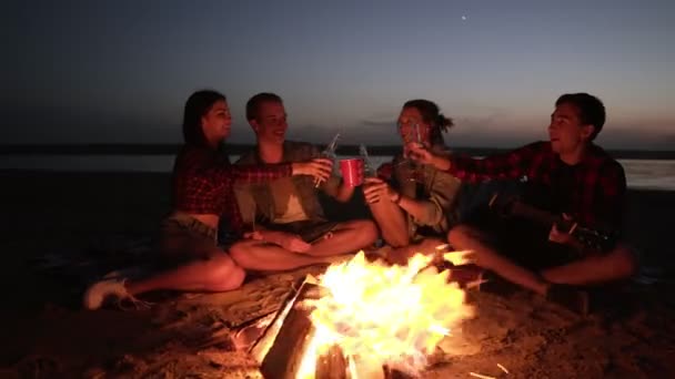 Група людей проводить час біля багаття на пляжі вночі. Пити алкоголь, підбадьорює. Молодий чоловік тримає гітару. Вид спереду — стокове відео