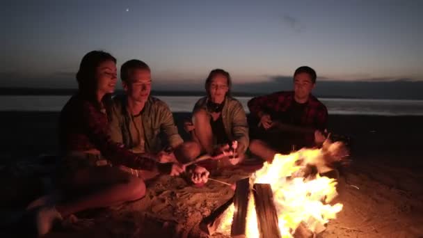 Picknick mit Freunden am Strand in der Nähe des Feuers. Junge Leute grillen Würstchen auf Holzstäbchen. männlich von der Seite spielt Gitarre. Nachts — Stockvideo