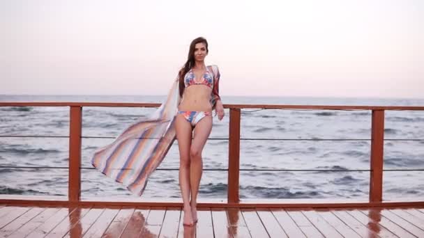 Een brunette, mooi meisje in een badpak en een vest zomer is leunend op een houten dwarsbalk. Zee op de achtergrond, de wind waait, golven bereiken haar voeten — Stockvideo