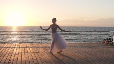 Güzel genç balerin tekniği, klasik bale pas, atlama işi uygulamalar. Deniz ve güneş arka planda peyzaj